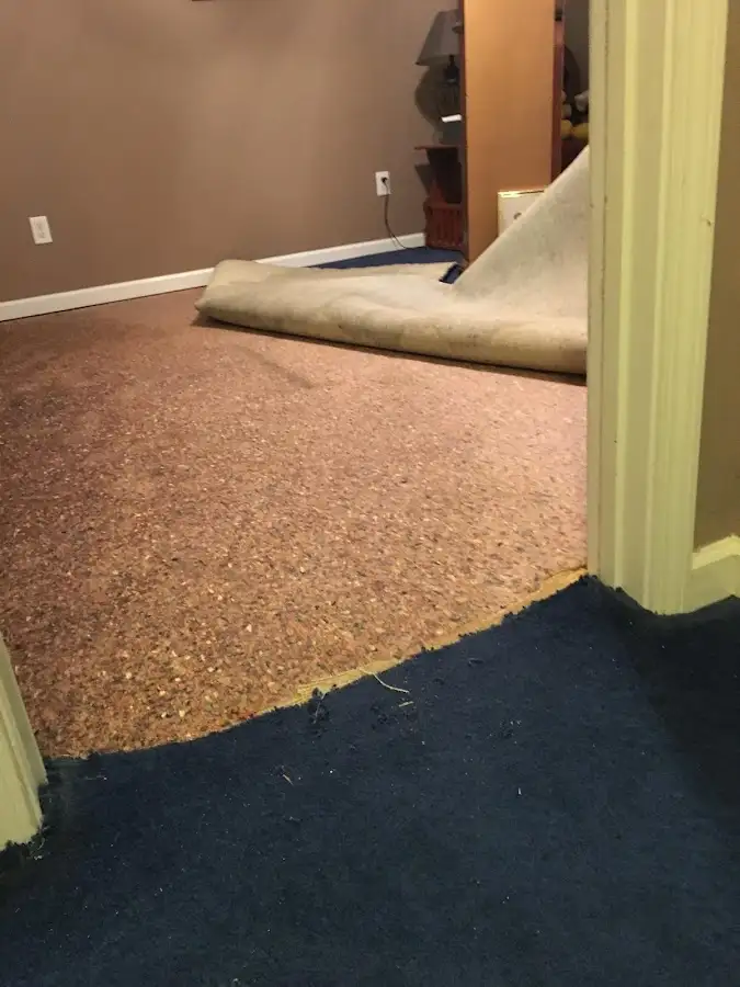 Carpet pad removal revealing water damage during Water Mitigation Services in Manorhaven